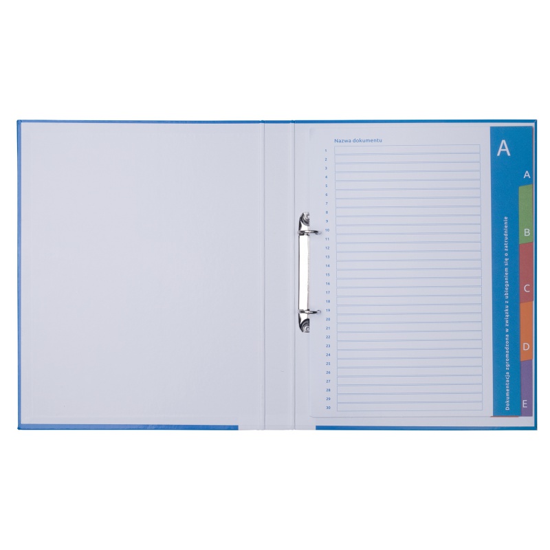 Segregator ringowy DONAU do akt osobowych, tekturowy, A4/2R/20mm, przek. A-E, niebieski (2)